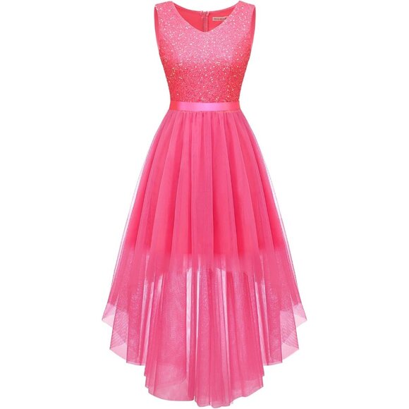 BeryLove Women Tulle Sequin Pink iChiffon Scoop Neck Sleeveless Cocktail Dresses - Picture 1 of 7